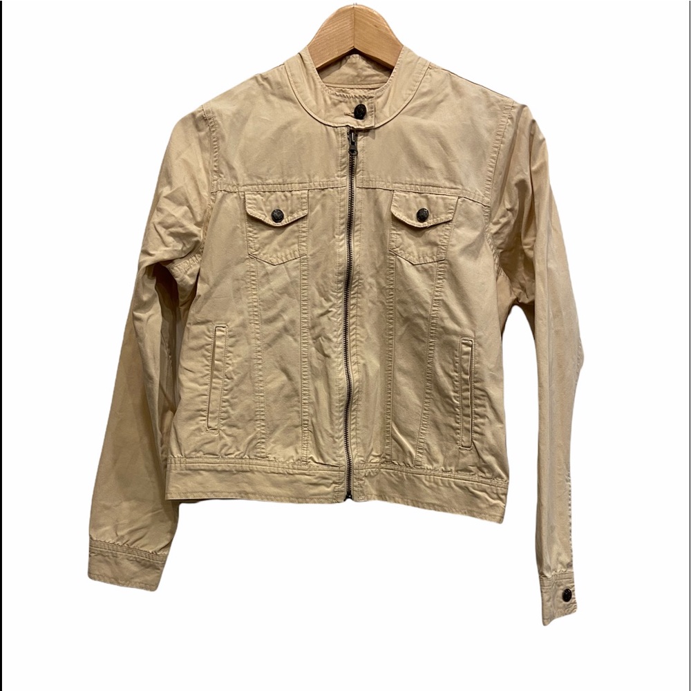 BUM EQUIPMENT Vintage Beige Denim Jacket with Round Neck Button Sz 6 GUC